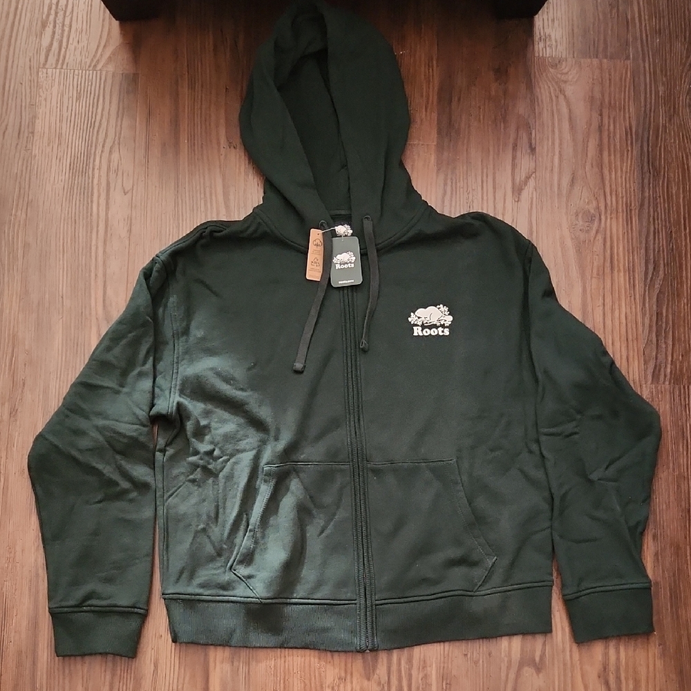 NWT ROOTS Original Relaxed Full Zip Hooded Sweatshirt In VARSITY GREEN sz LARGE
